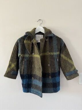 Burberry Kids Plaid Double-Breasted Pea Coat in Olive & Blue